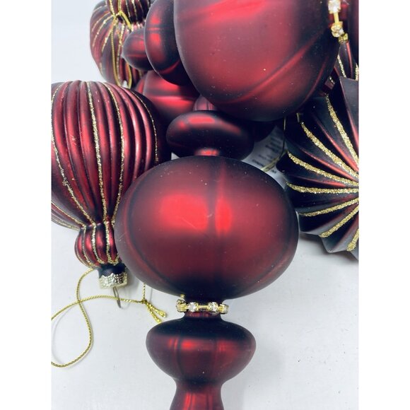 Lot Of 13 Burgundy Red & Gold Glitter Finial And Round Christmas Tree Ornaments - Picture 5 of 16